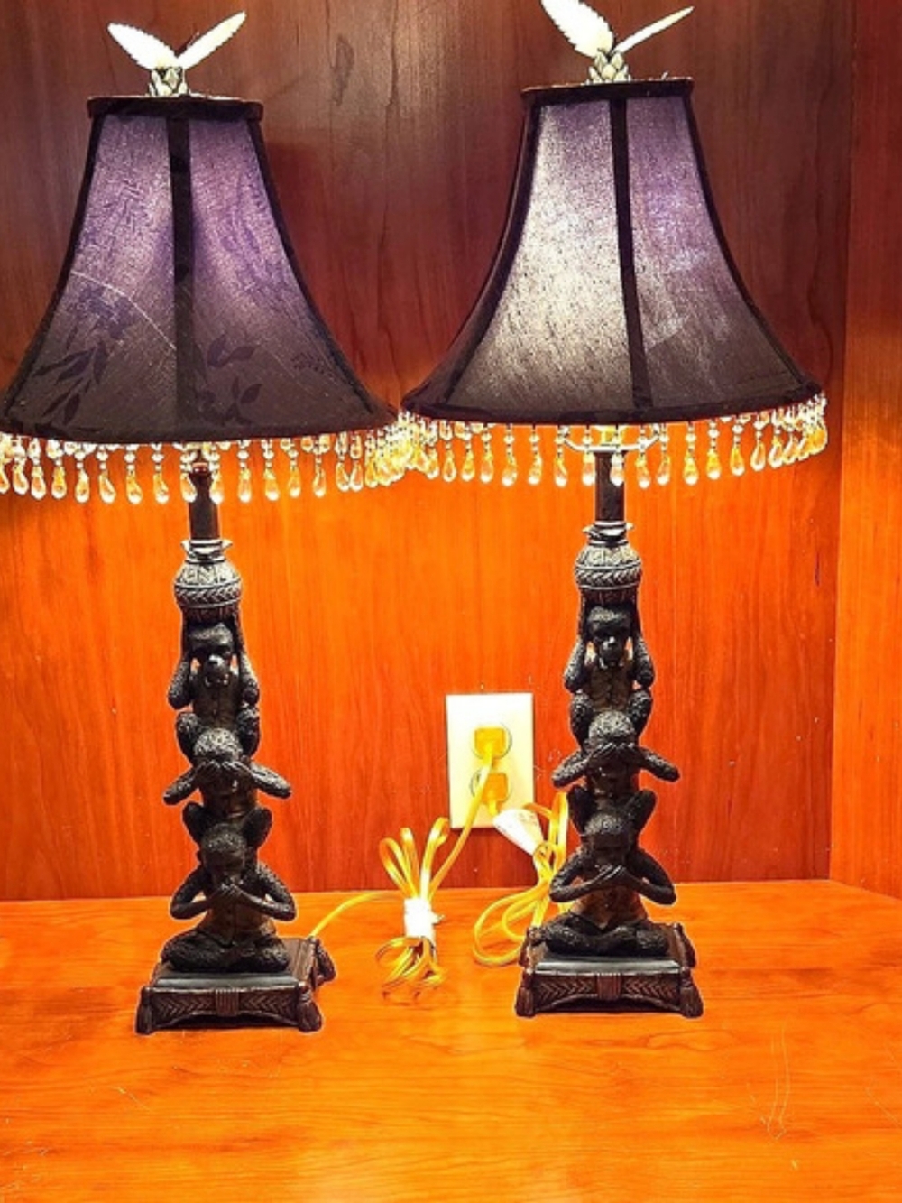 Monkey Table Lamps Pair Black & Brown, MCM Regency See, hear, Speak No Evil